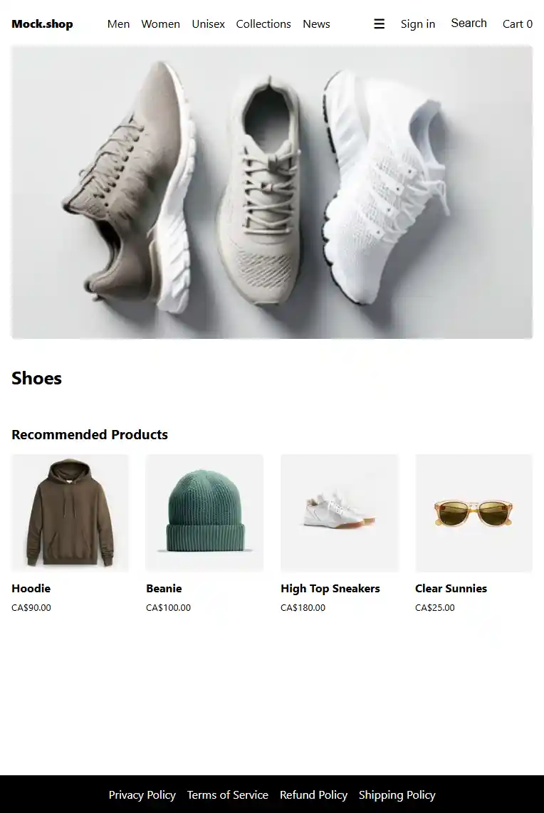 The storefront homepage: a full-width hero image of running shoes above a four-product recommended grid.