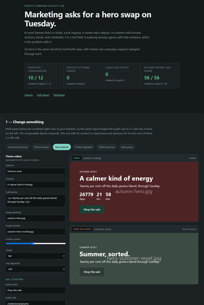 The demo: a theme editor generated from the section schema on the left, and two live previews on the right — the composable theme showing the autumn campaign, the hardcoded one still showing summer.